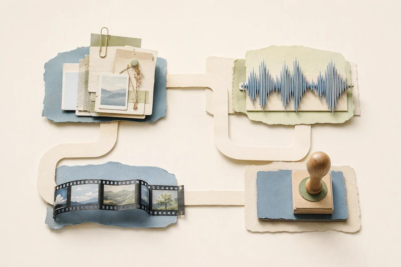 Four connected workstations represent research, narration, editing, and approval.