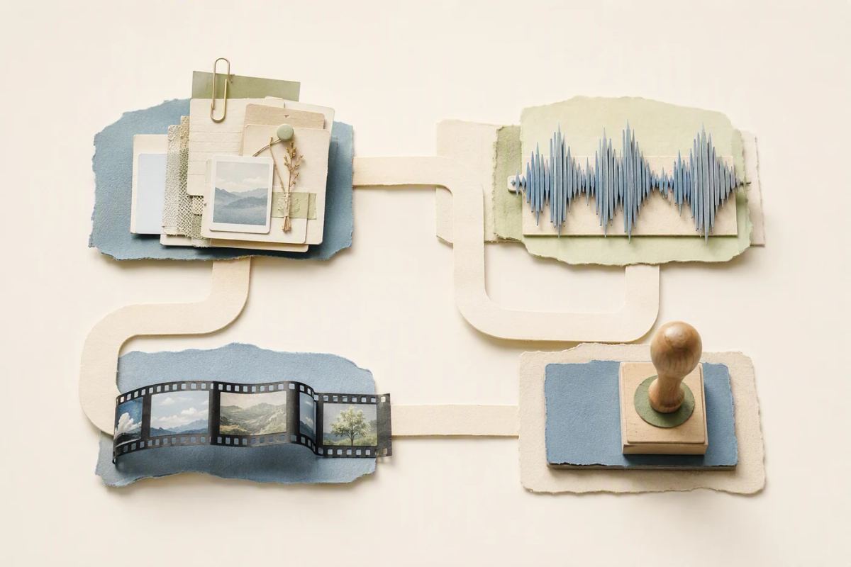 Four connected workstations represent research, narration, editing, and approval.