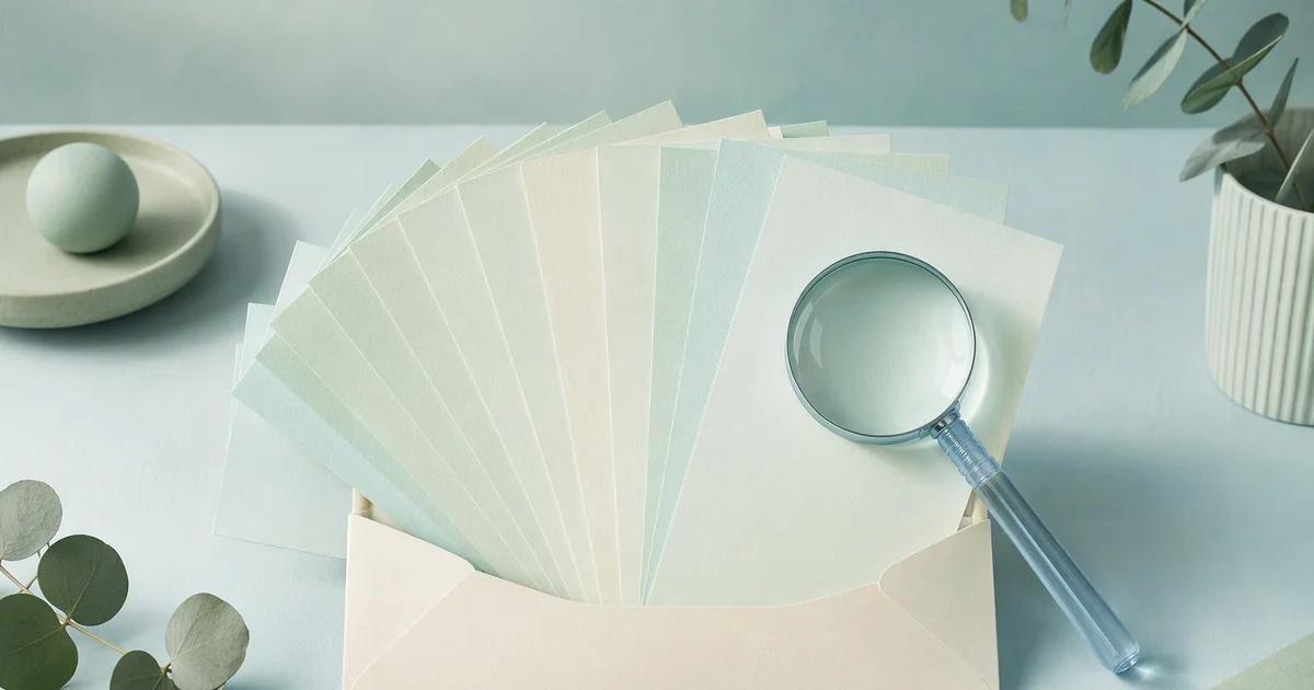 An ivory archive envelope opens into a precise fan of mint paper sheets, with a pale blue glass magnifier over one sheet.