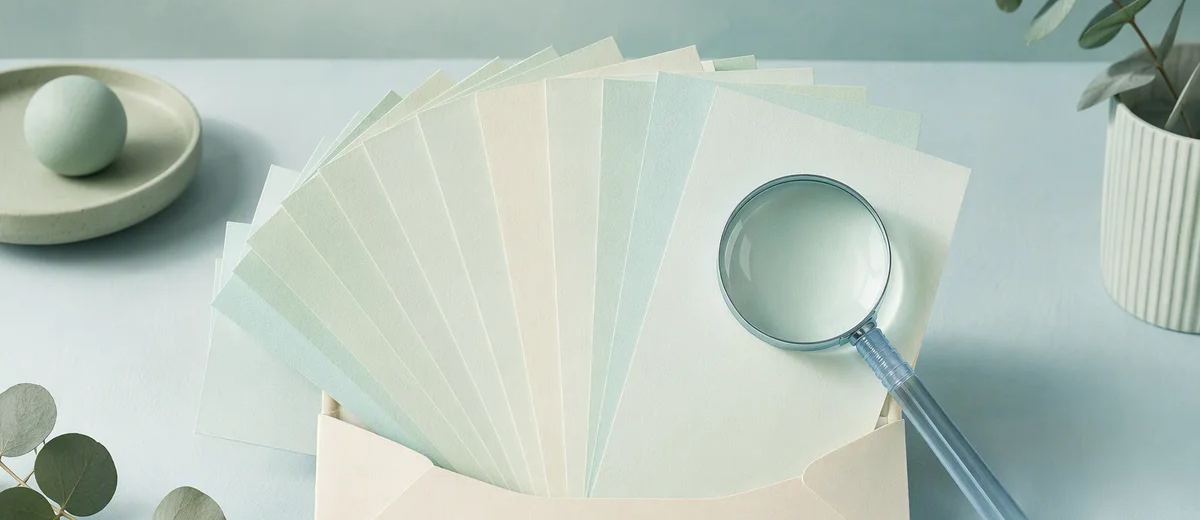 An ivory archive envelope opens into a precise fan of mint paper sheets, with a pale blue glass magnifier over one sheet.