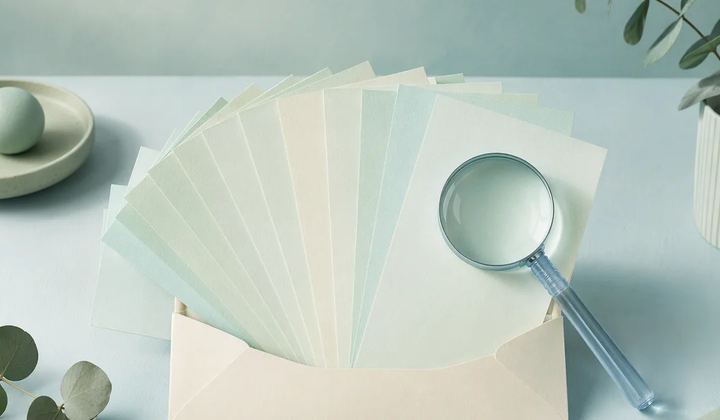 An ivory archive envelope opens into a precise fan of mint paper sheets, with a pale blue glass magnifier over one sheet.
