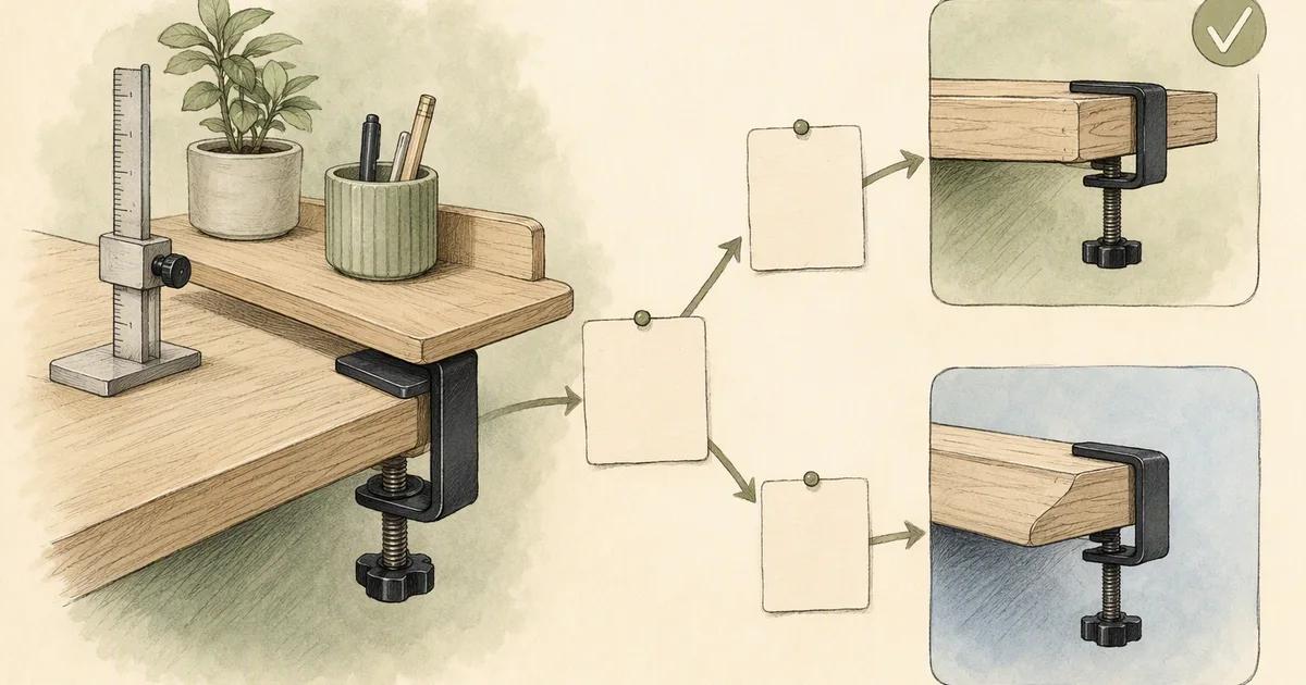 A desk-shelf clamp and measuring gauge illustrate a practical compatibility decision.