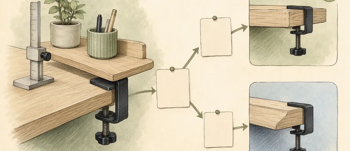 A desk-shelf clamp and measuring gauge illustrate a practical compatibility decision.