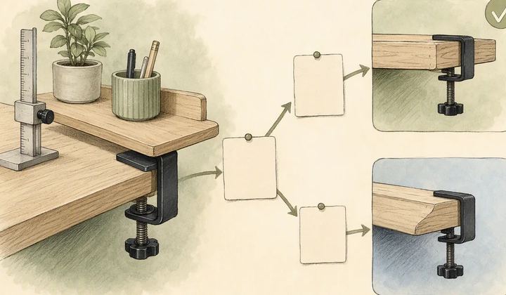 A desk-shelf clamp and measuring gauge illustrate a practical compatibility decision.