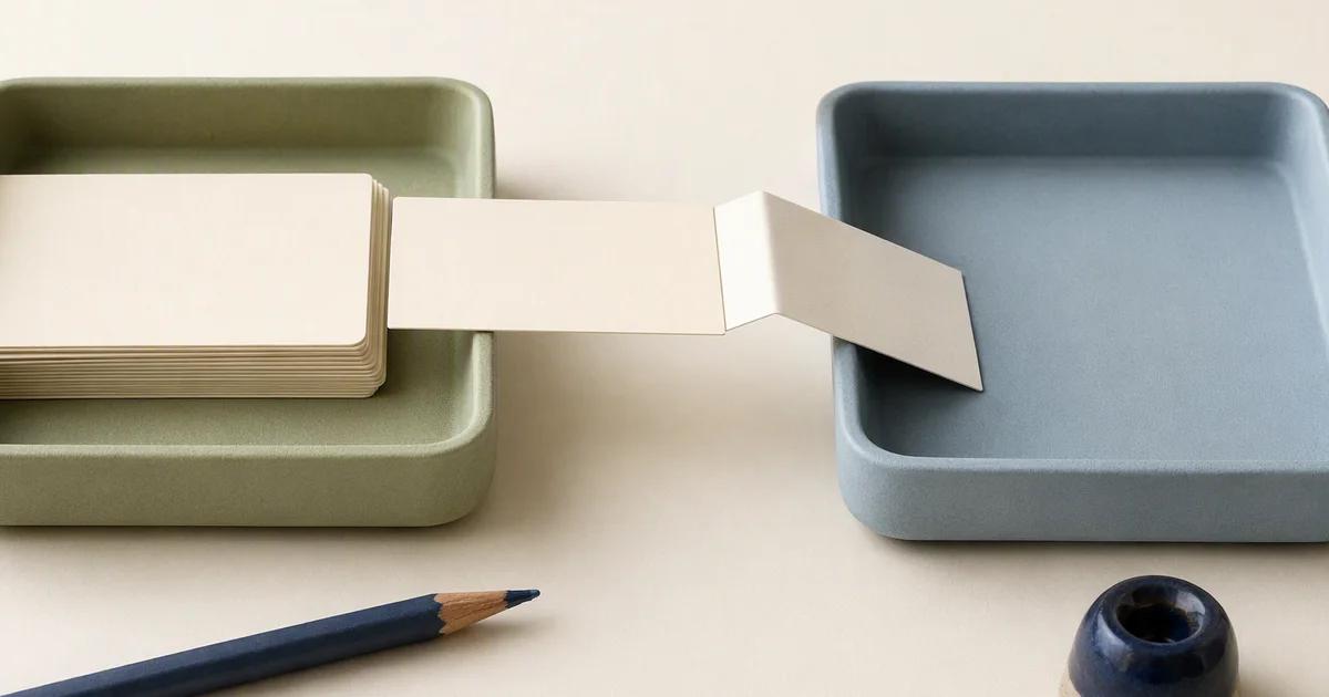A folded paper strip connects a stack of blank cards in a green tray to an empty blue tray.