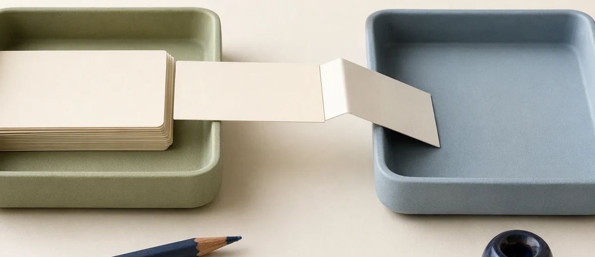 A folded paper strip connects a stack of blank cards in a green tray to an empty blue tray.