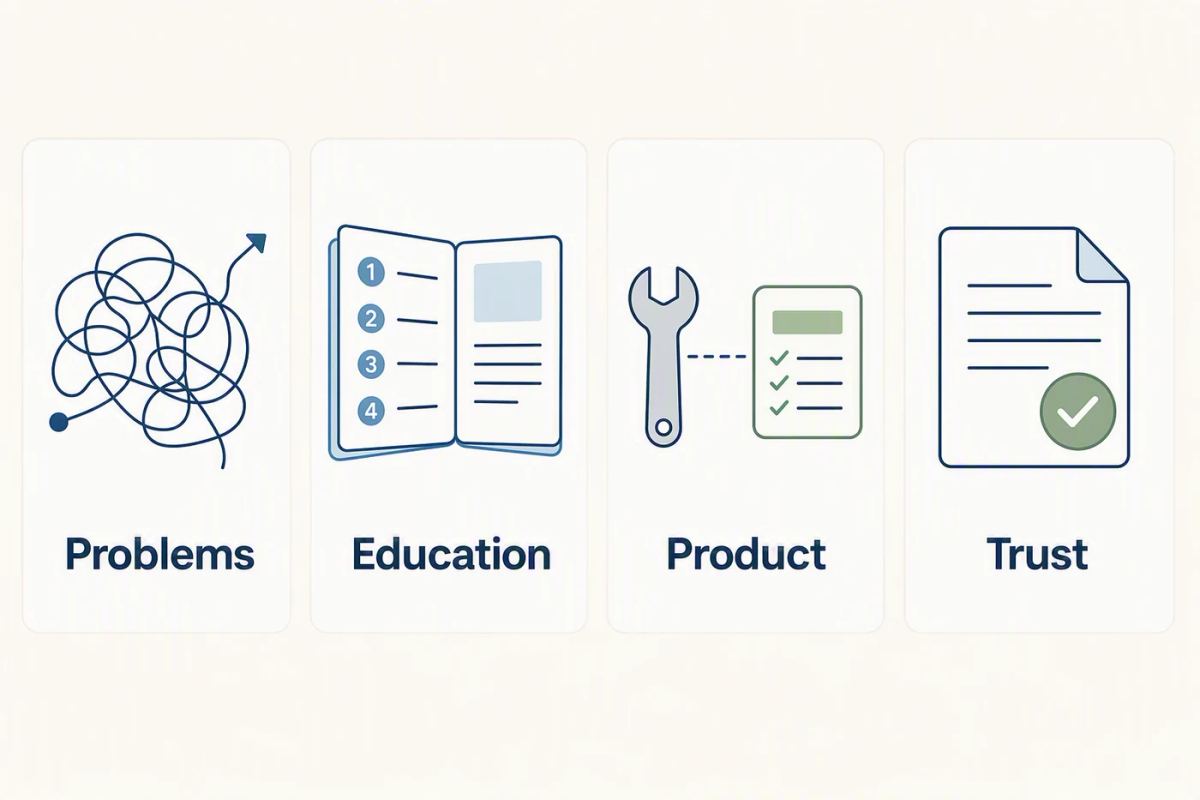 Four distinct content streams labeled Problems, Education, Product, and Trust.