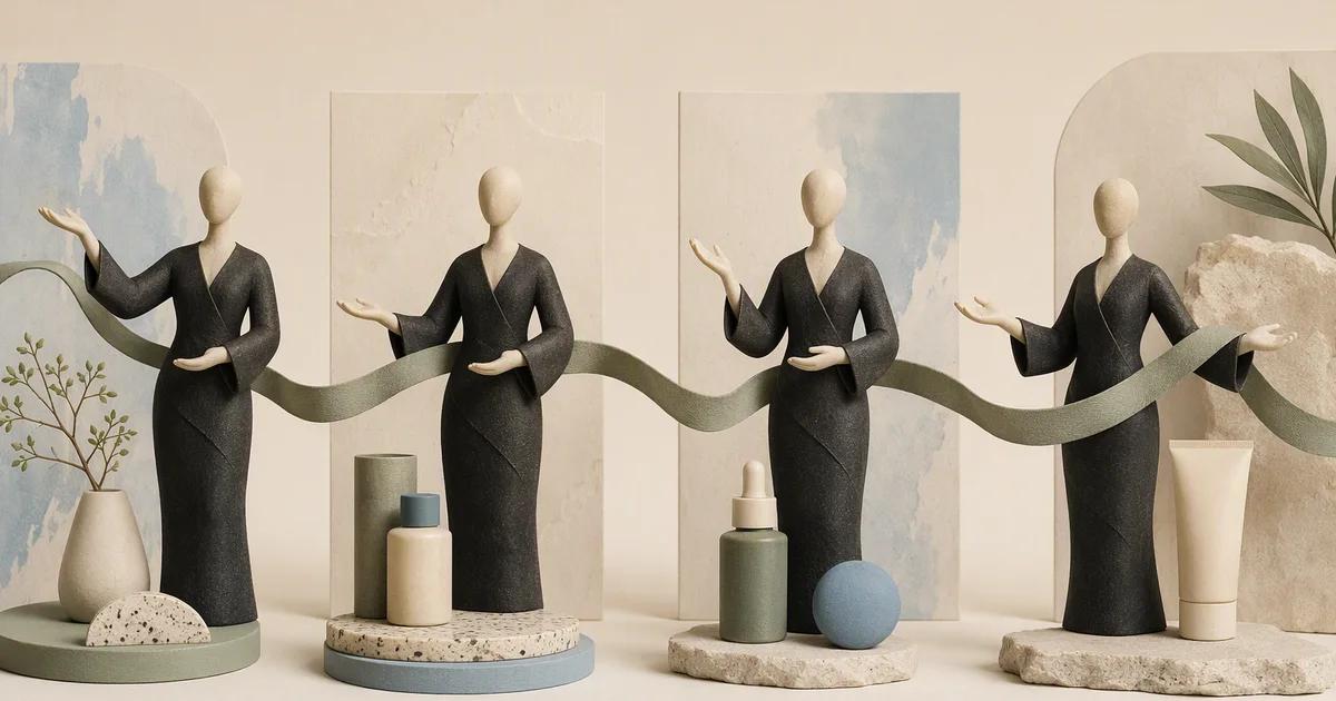 Four matching presenter figures appear in related miniature studio scenes.
