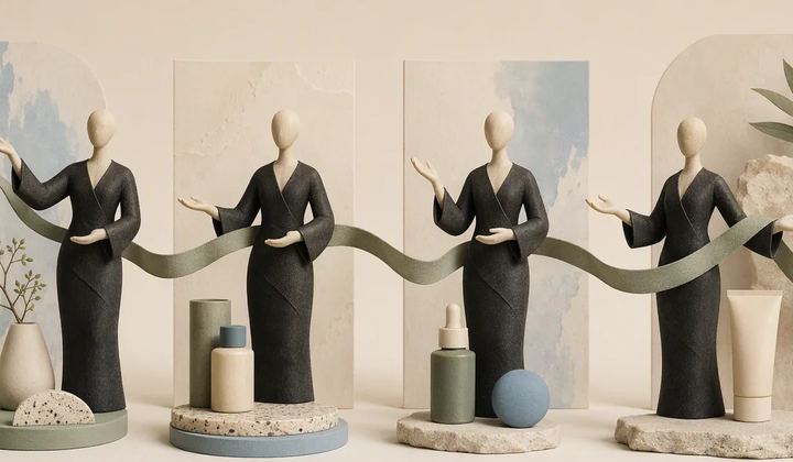 Four matching presenter figures appear in related miniature studio scenes.