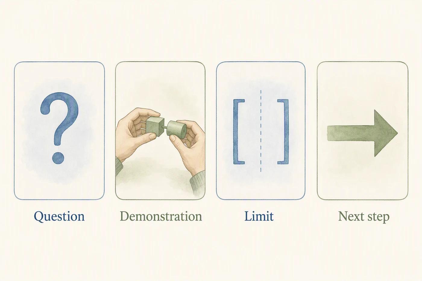 Illustrative carousel storyboard with separate cards for a question, a demonstration, a limitation, and a next step.