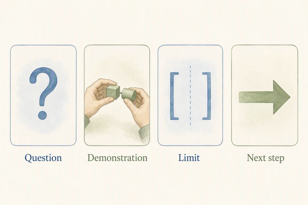 Illustrative carousel storyboard with separate cards for a question, a demonstration, a limitation, and a next step.