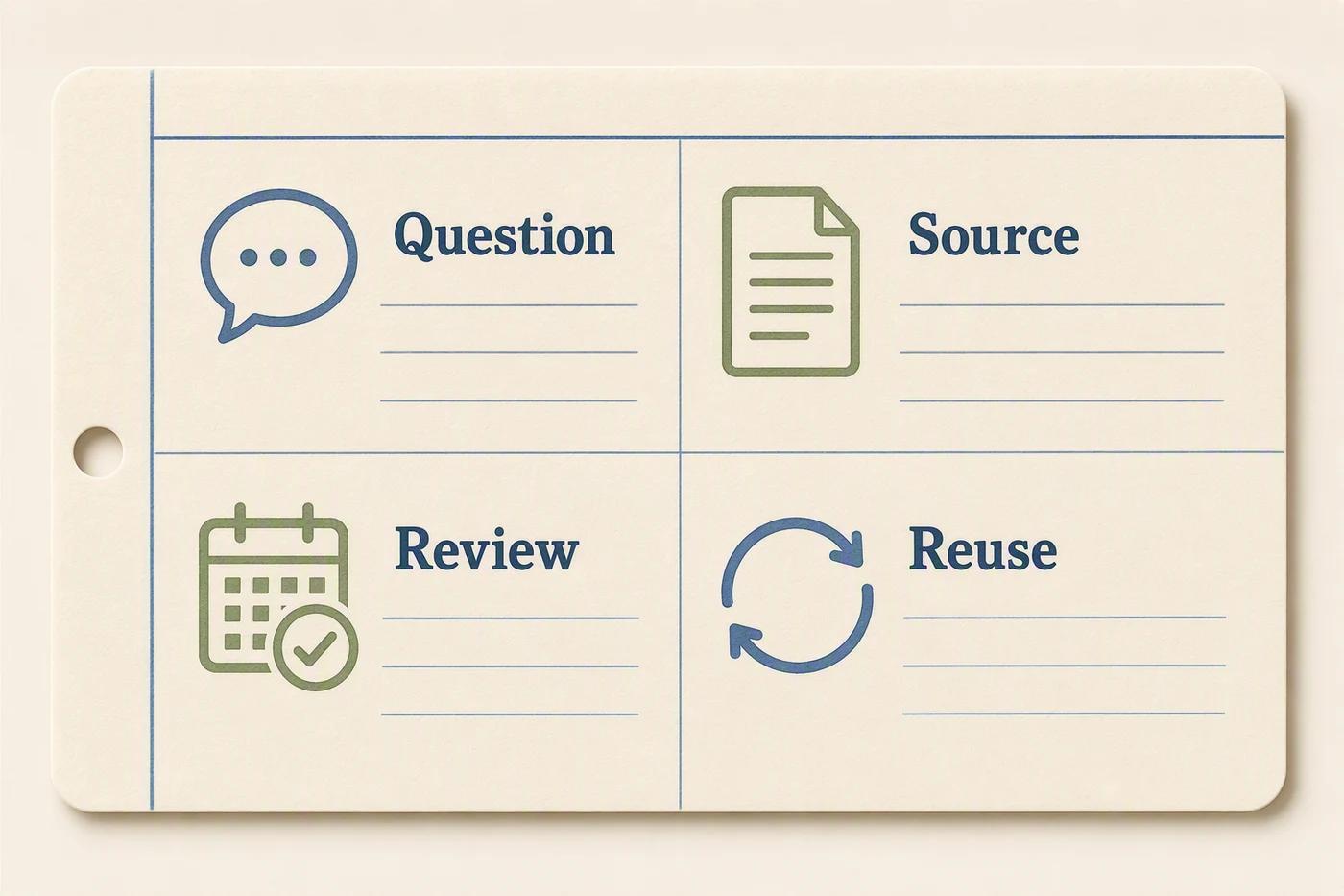 An example library card divided into Question, Source, Review, and Reuse sections.