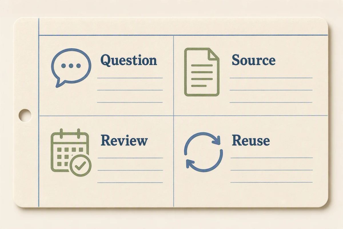 An example library card divided into Question, Source, Review, and Reuse sections.