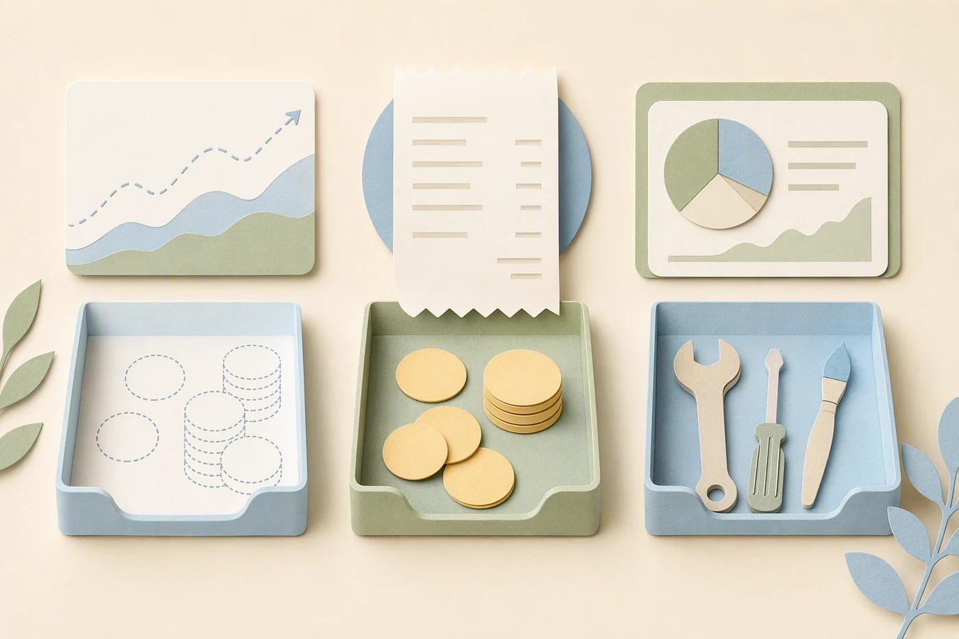 A paper layout groups a forecast chart, a receipt, coin tokens, and a tray of work tools.