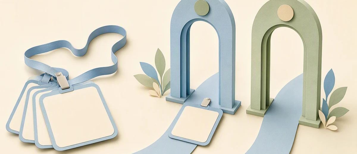 Several paper name tags pass through two separate checking gates.