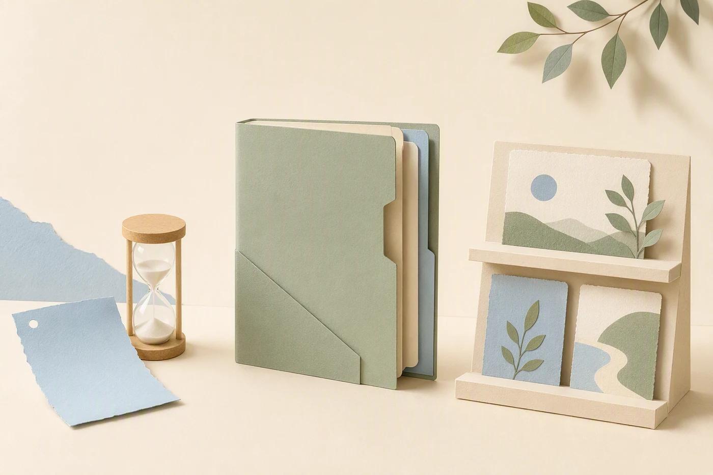 A loose paper note and hourglass sit beside a reference folder and a shelf of illustrated cards.