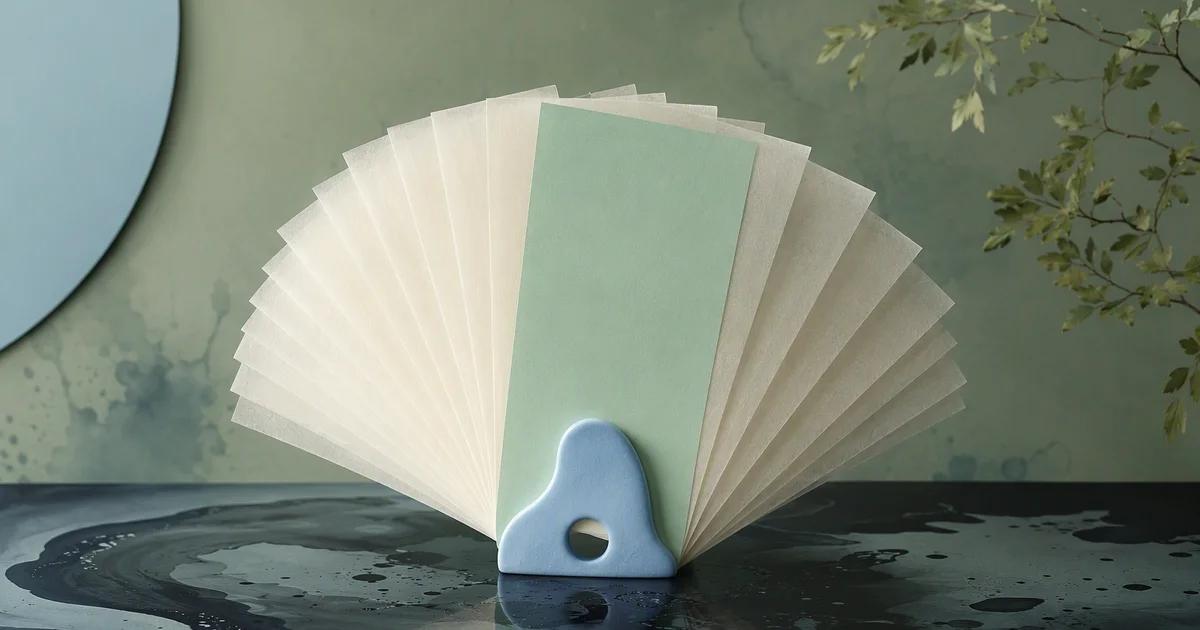 A fan of translucent ivory sheets with a single mint sheet aligned on top, held by a pale blue sculptural clip on an ink surface