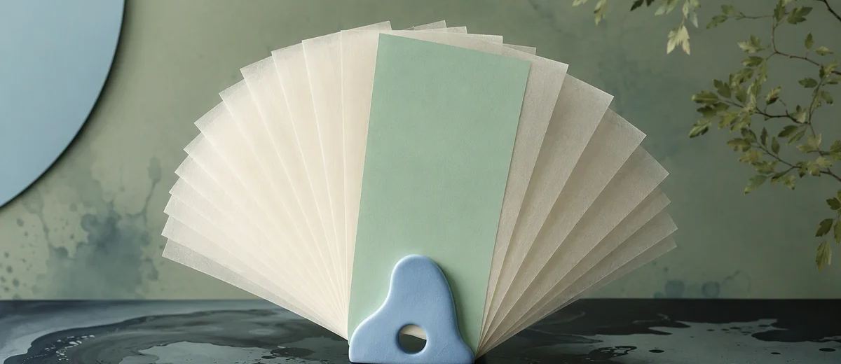 A fan of translucent ivory sheets with a single mint sheet aligned on top, held by a pale blue sculptural clip on an ink surface