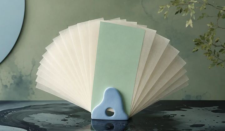 A fan of translucent ivory sheets with a single mint sheet aligned on top, held by a pale blue sculptural clip on an ink surface
