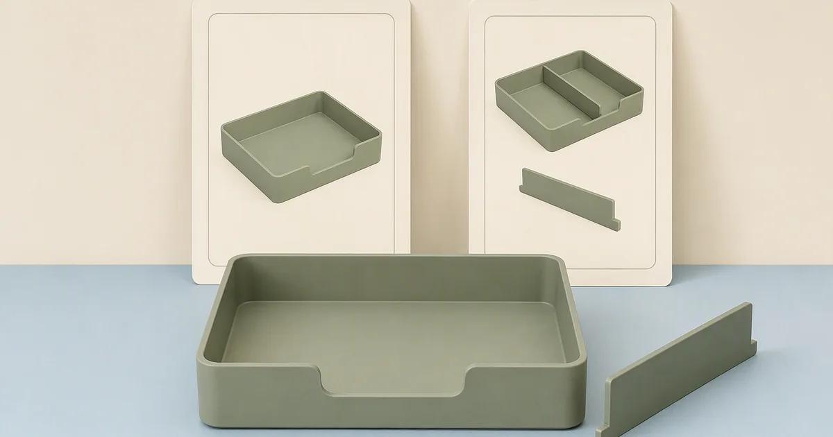 A sage tray and removable divider sit in front of cards showing the tray with and without the divider.