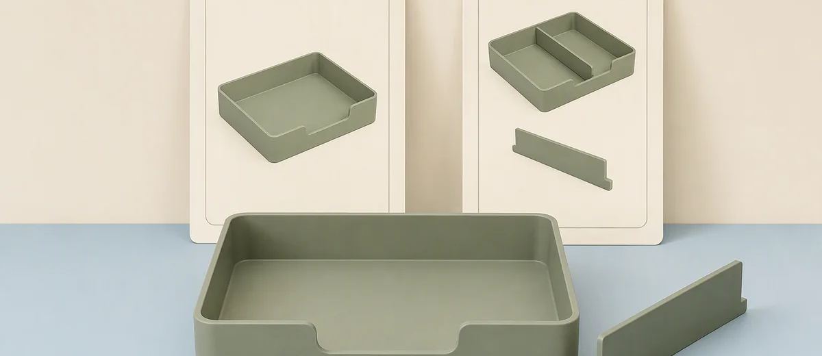A sage tray and removable divider sit in front of cards showing the tray with and without the divider.