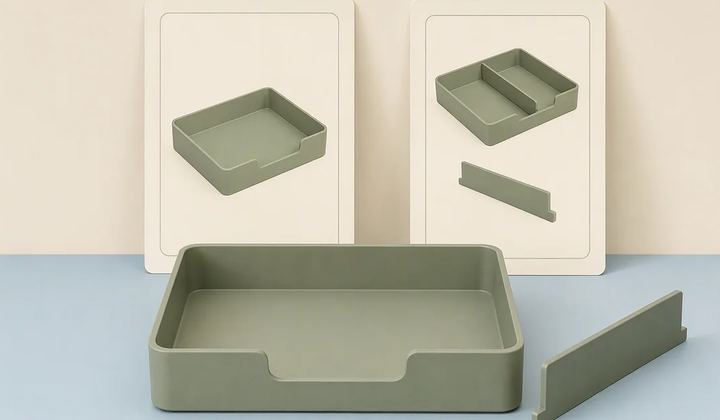 A sage tray and removable divider sit in front of cards showing the tray with and without the divider.