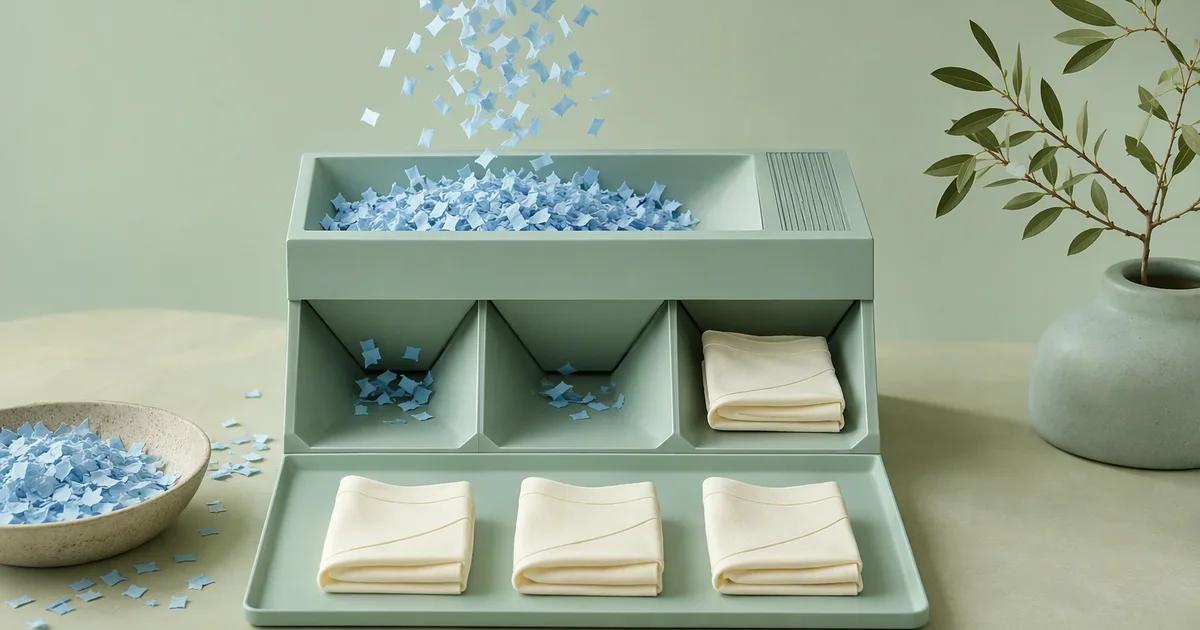 Small pale blue paper fragments entering a mint sorting tray and emerging as a few orderly ivory folded briefs