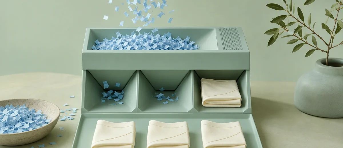 Small pale blue paper fragments entering a mint sorting tray and emerging as a few orderly ivory folded briefs