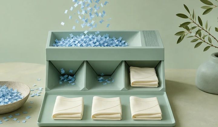 Small pale blue paper fragments entering a mint sorting tray and emerging as a few orderly ivory folded briefs