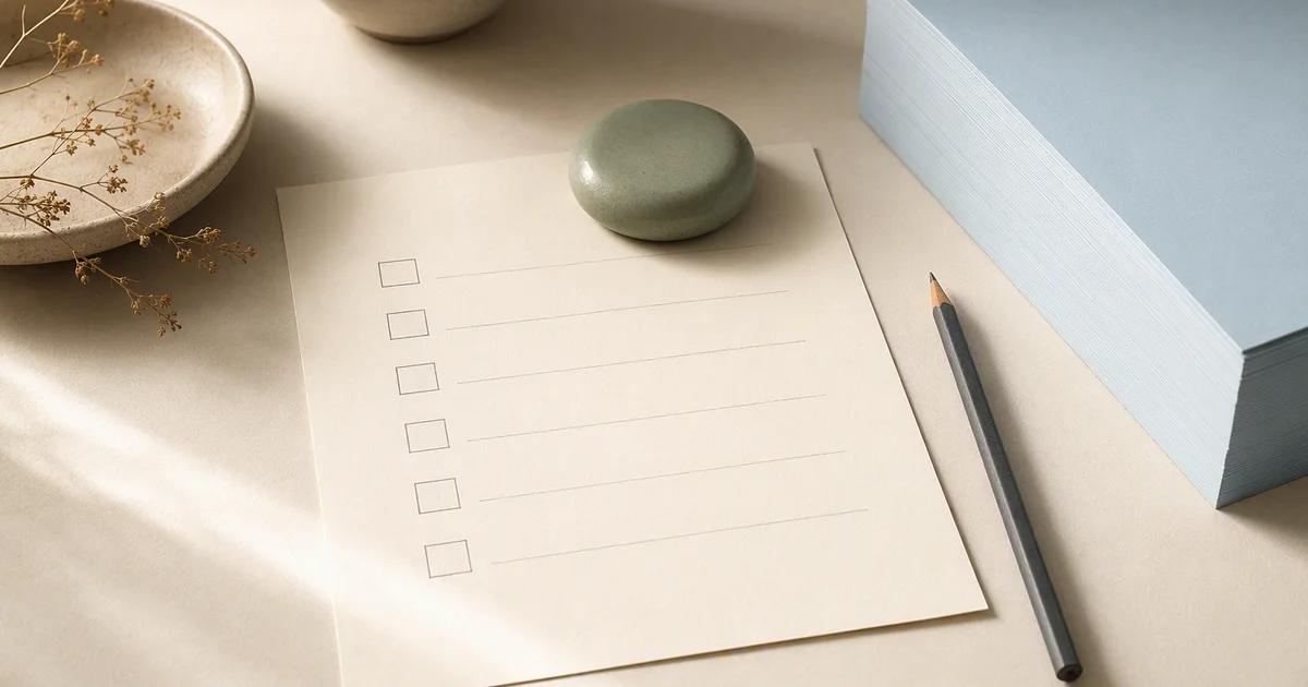 A small paper checklist lies beside a thick pale-blue paper stack and a pencil.