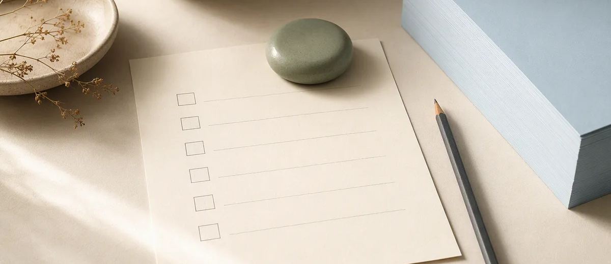 A small paper checklist lies beside a thick pale-blue paper stack and a pencil.