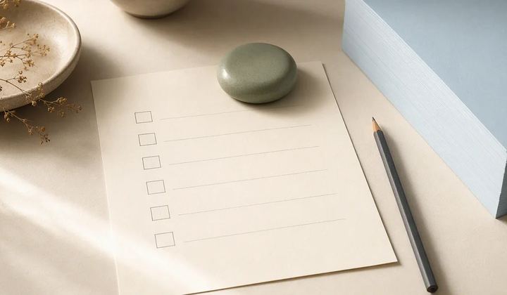 A small paper checklist lies beside a thick pale-blue paper stack and a pencil.