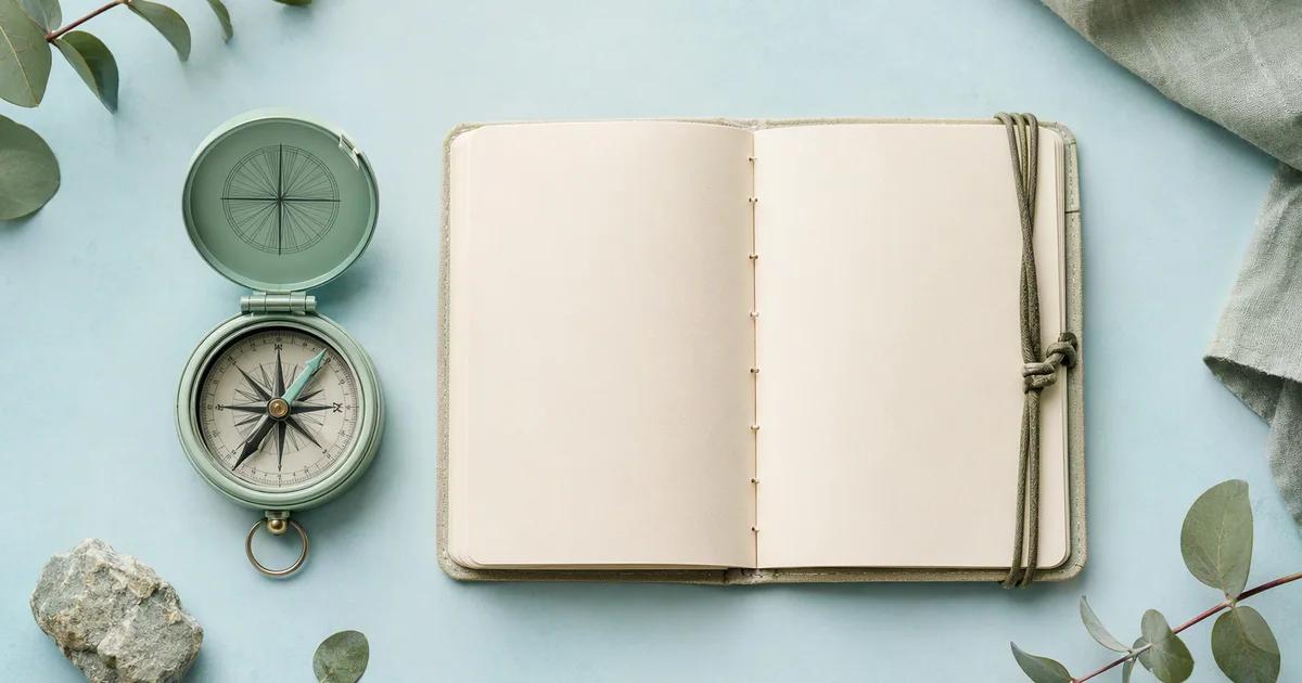 A mint compass beside a neatly bound ivory field manual with blank pages, viewed from above on a pale blue surface