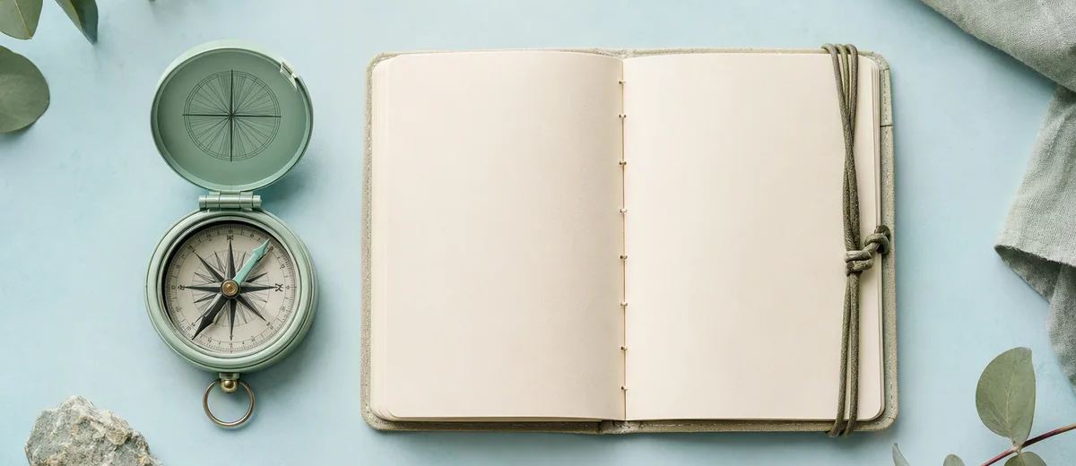 A mint compass beside a neatly bound ivory field manual with blank pages, viewed from above on a pale blue surface