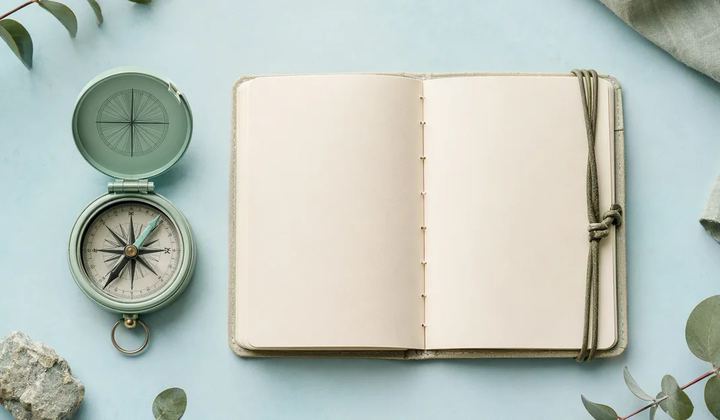 A mint compass beside a neatly bound ivory field manual with blank pages, viewed from above on a pale blue surface