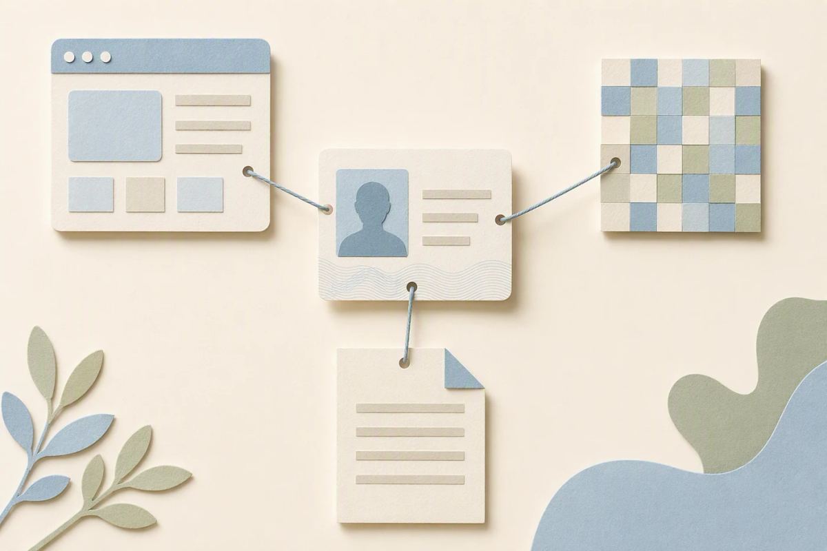 An identity card connects to a browser tile, a colored mosaic, and a document.