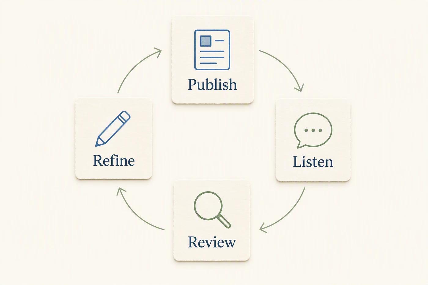 A review cycle connects publishing, questions, evidence, and topic updates.