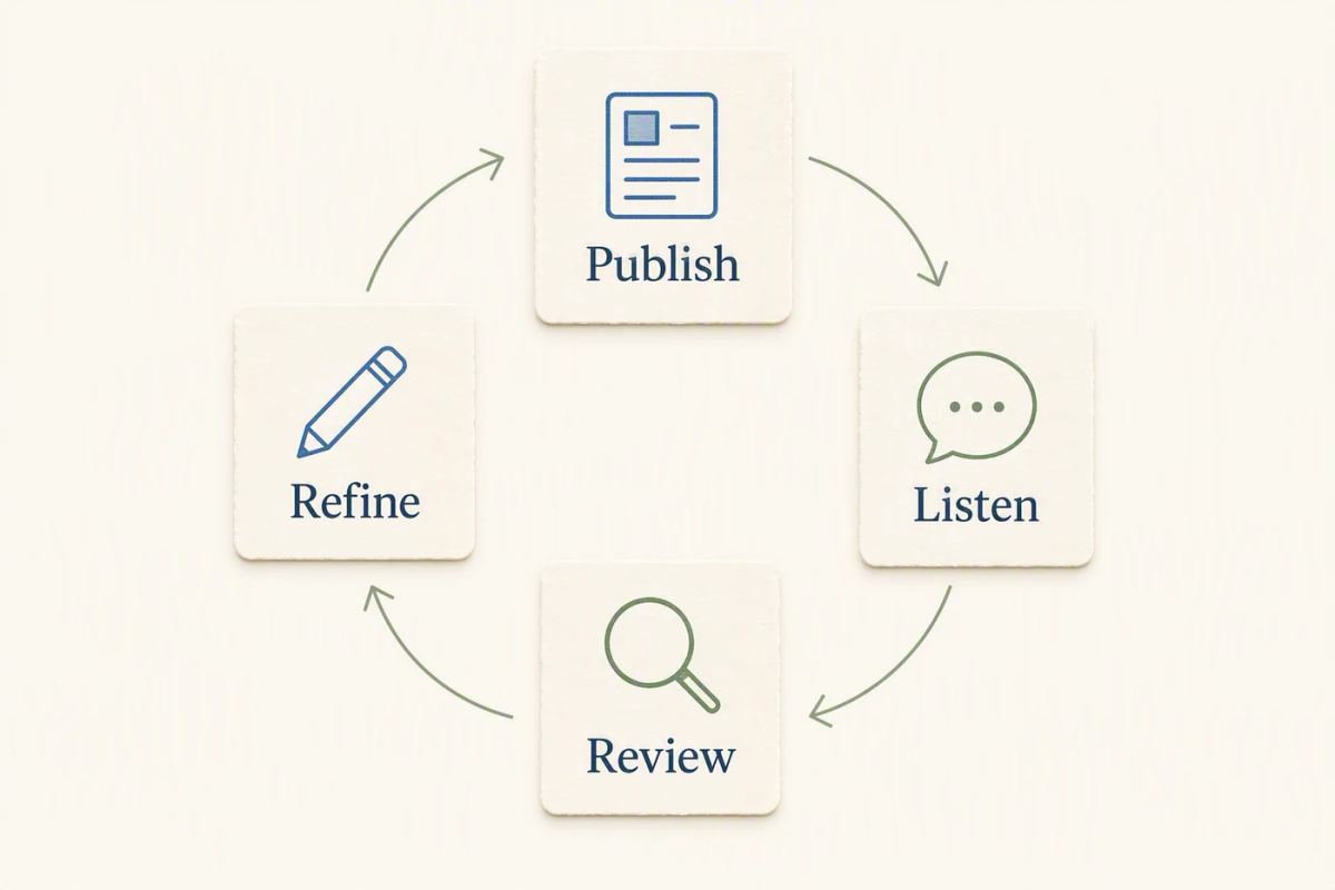 A review cycle connects publishing, questions, evidence, and topic updates.