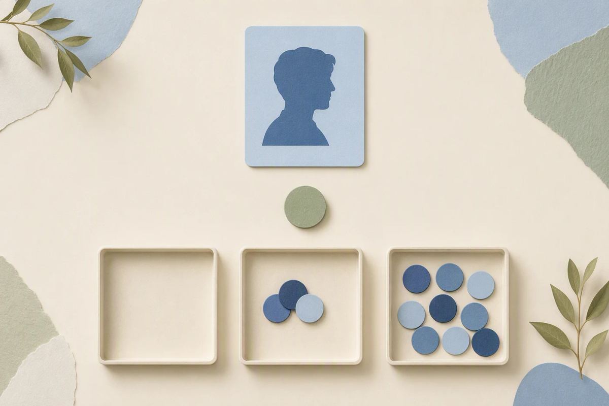 A central profile card sits beside three separate audience trays of different scope.
