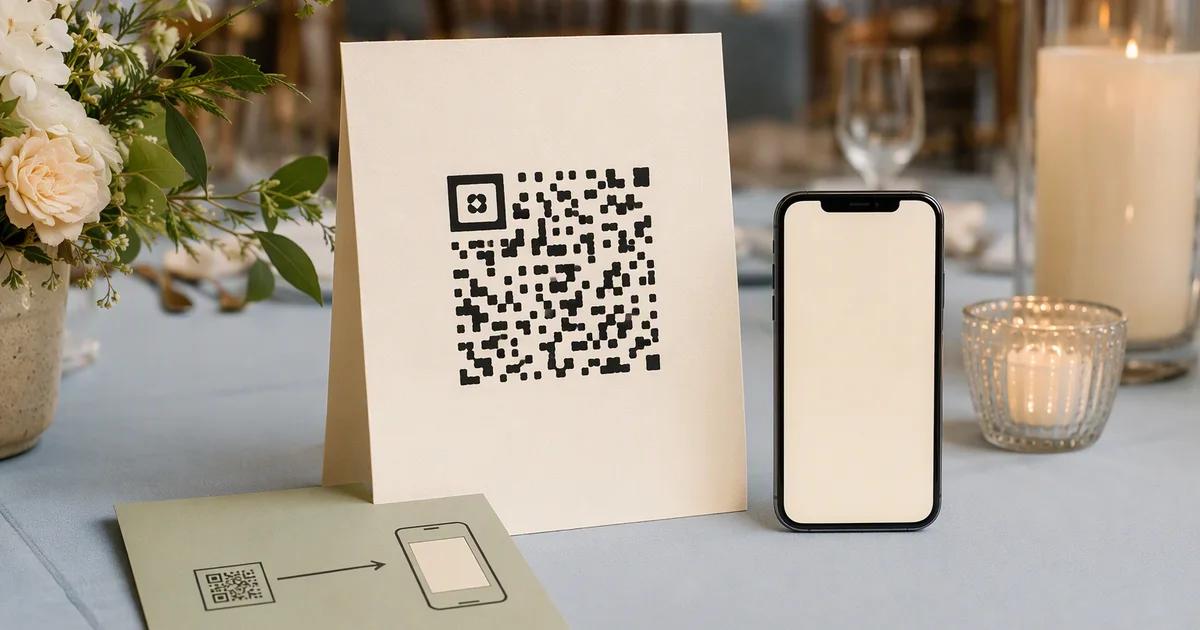 A simple event display with a decorative code-like square beside a printed guide and a phone.