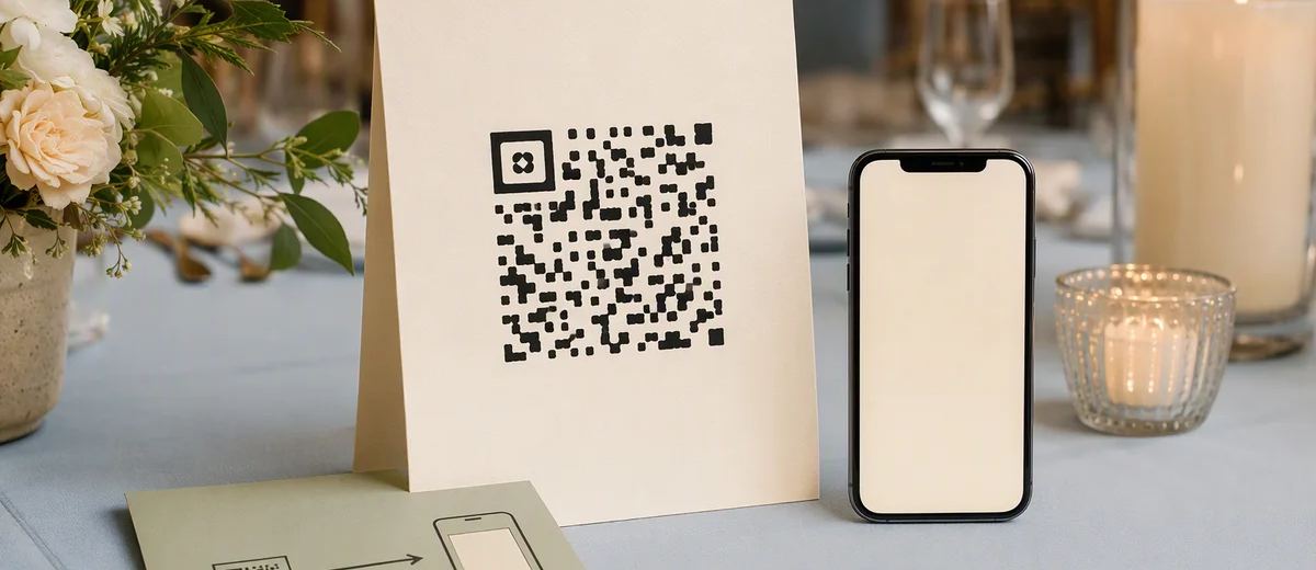 A simple event display with a decorative code-like square beside a printed guide and a phone.