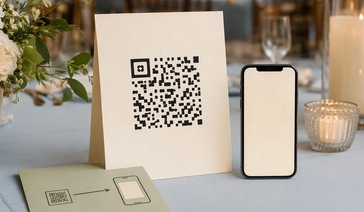 A simple event display with a decorative code-like square beside a printed guide and a phone.