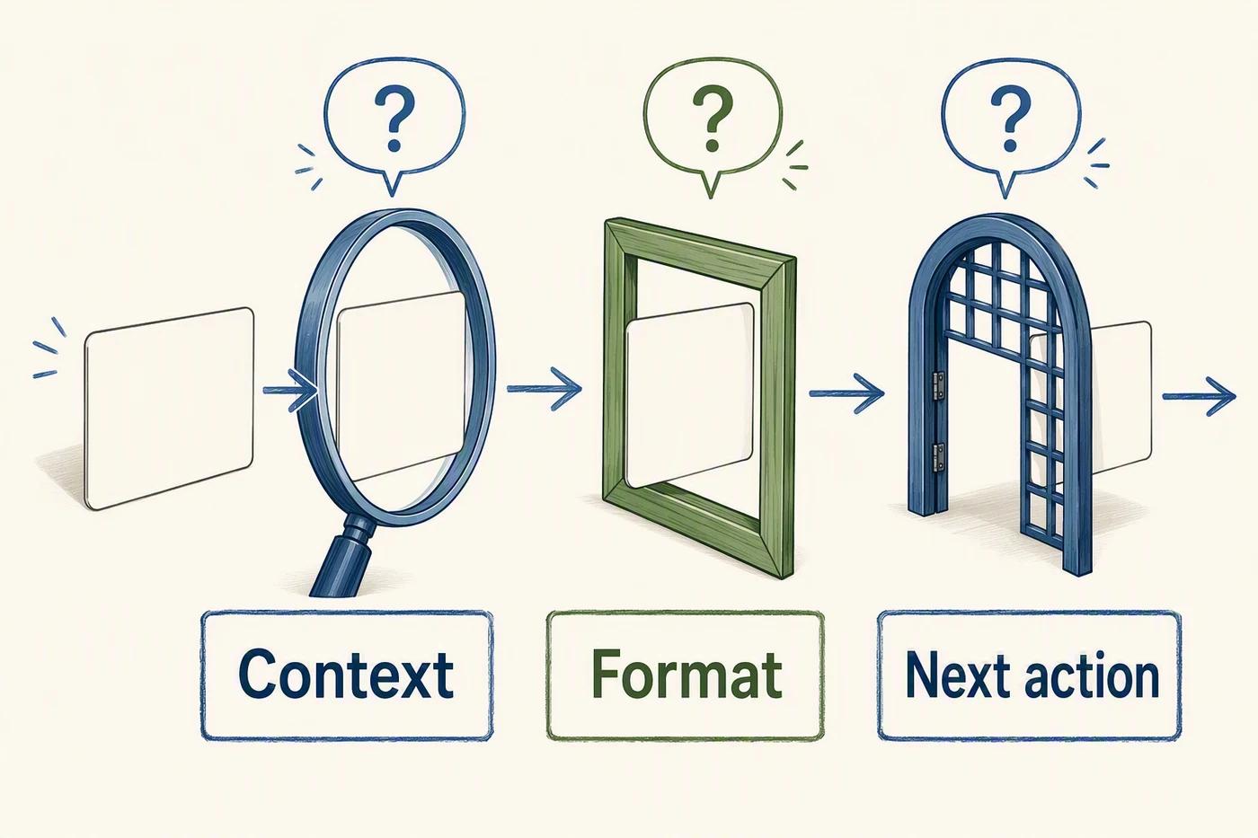 Three adaptation checks showing context, format, and next action beside the same core idea