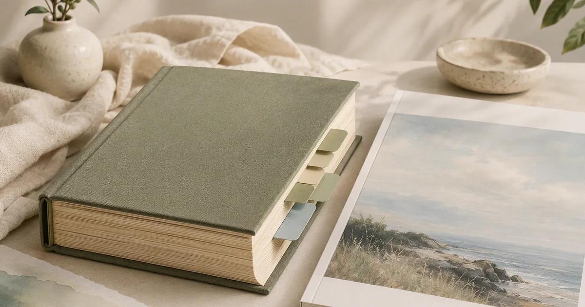 A sage journal with page tabs beside a printed landscape photograph.