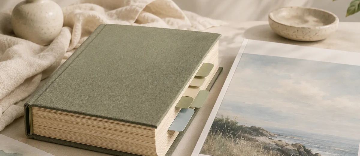 A sage journal with page tabs beside a printed landscape photograph.