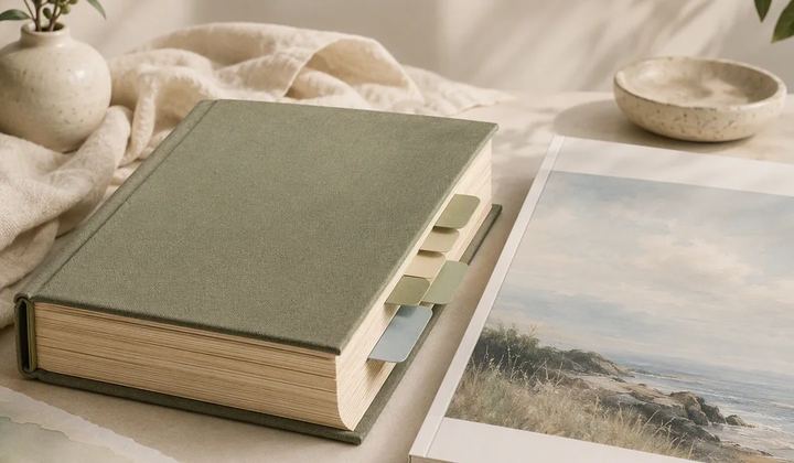 A sage journal with page tabs beside a printed landscape photograph.