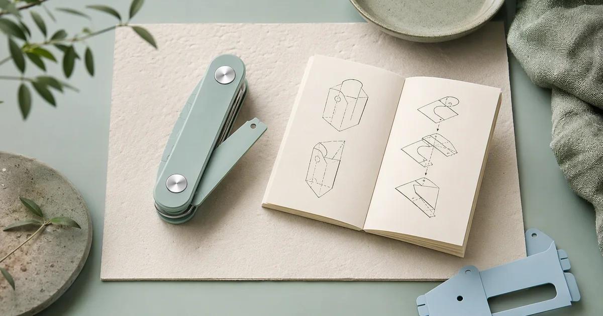 A mint folding tool lies beside an open ivory booklet of folding diagrams and a pale blue component.