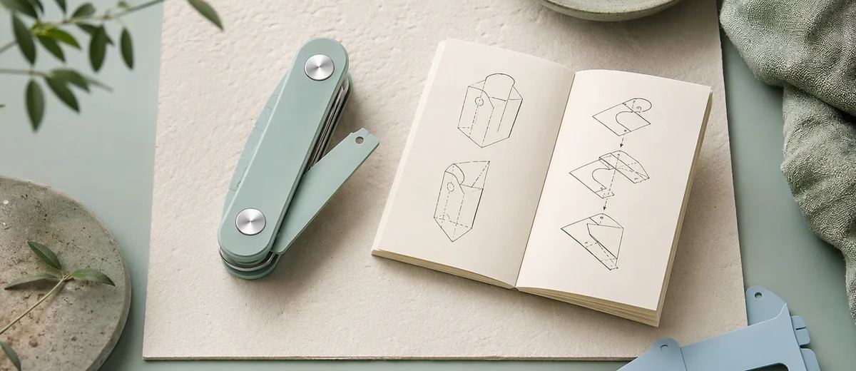 A mint folding tool lies beside an open ivory booklet of folding diagrams and a pale blue component.