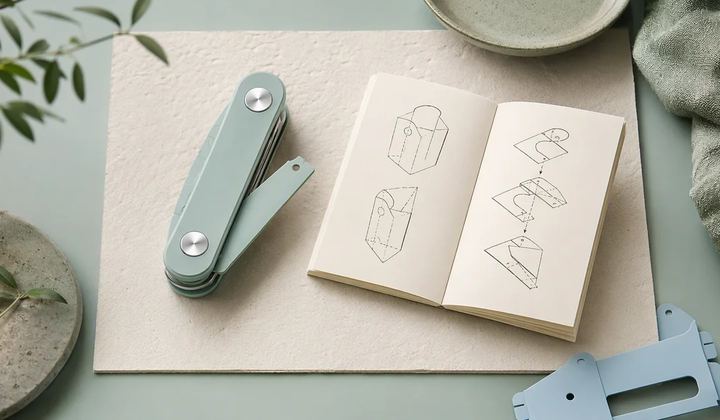 A mint folding tool lies beside an open ivory booklet of folding diagrams and a pale blue component.