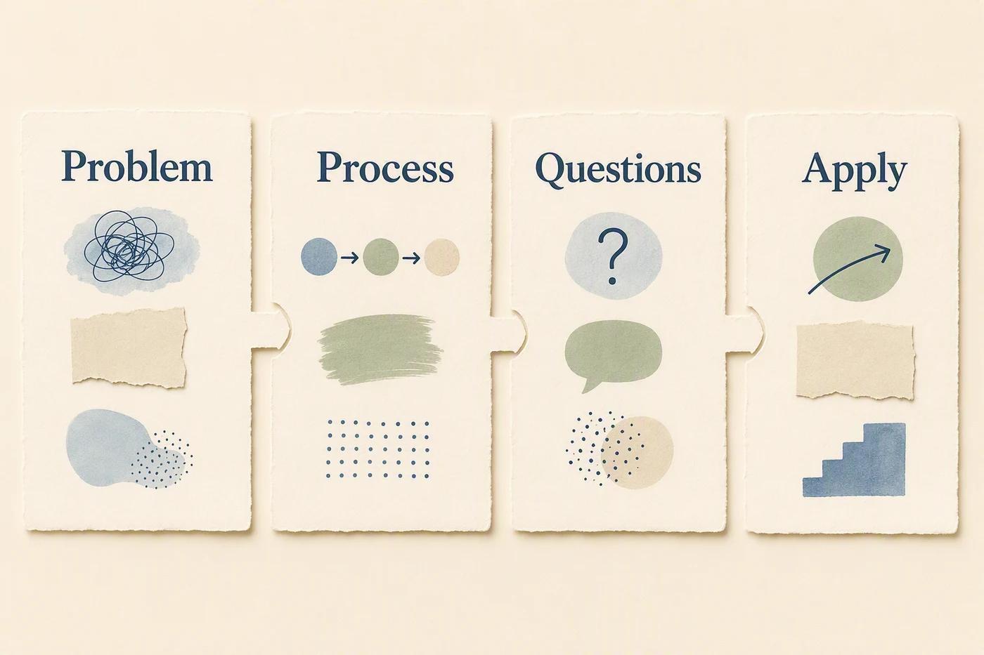 A four-week editorial map moving from problem to process, questions, and practical application